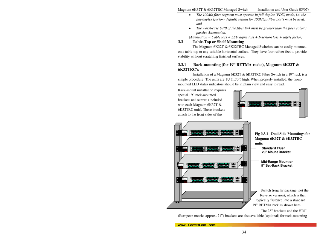 GarrettCom user manual Table-Top or Shelf Mounting, Rack-mounting for 19 Retma racks, Magnum 6K32T & 6K32TRC’s 