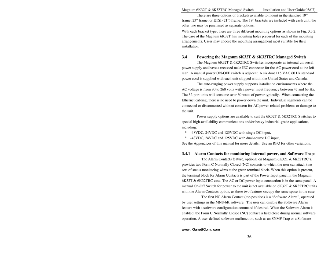 GarrettCom user manual Powering the Magnum 6K32T & 6K32TRC Managed Switch 