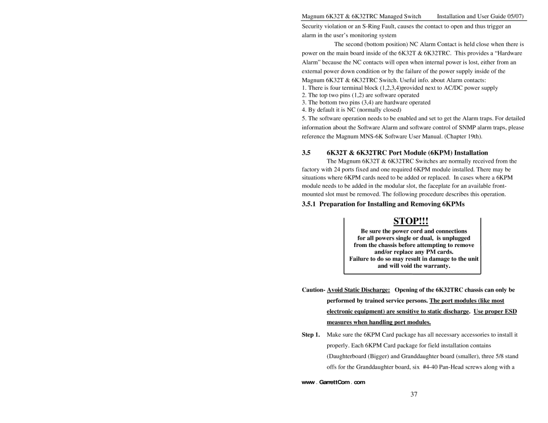 GarrettCom user manual 6K32T & 6K32TRC Port Module 6KPM Installation, Preparation for Installing and Removing 6KPMs 