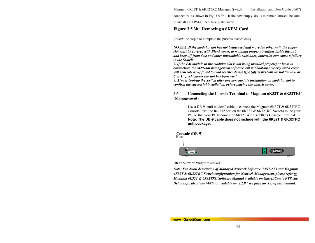 GarrettCom 6K32TRC user manual Console DB-9 Port, Rear View of Magnum 6K32T 