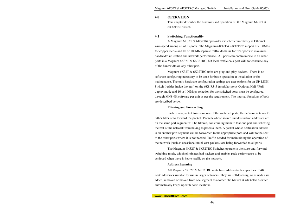 GarrettCom 6K32TRC user manual Switching Functionality, Filtering and Forwarding, Address Learning 