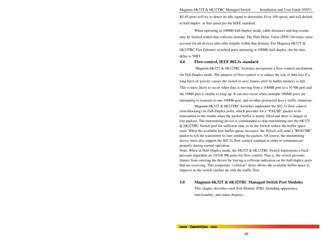 GarrettCom user manual Flow-control, Ieee 802.3x standard, Magnum 6K32T & 6K32TRC Managed Switch Port Modules 