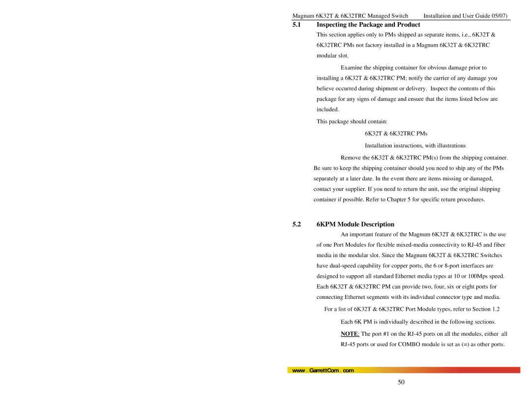 GarrettCom 6K32TRC user manual Inspecting the Package and Product, 6KPM Module Description 