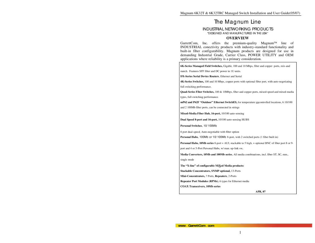 GarrettCom 6K32TRC user manual Magnum Line 