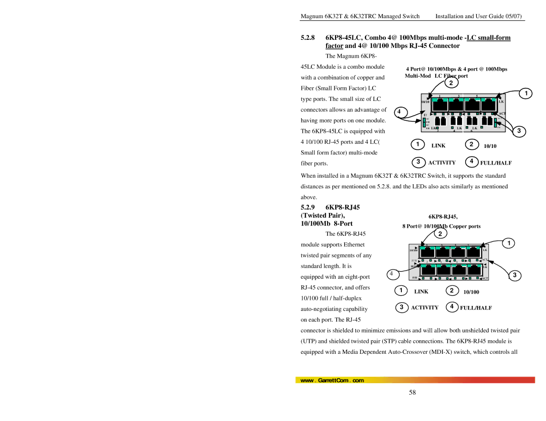 GarrettCom 6K32TRC user manual 9 6KP8-RJ45 Twisted Pair, 10/100Mb 8-Port 