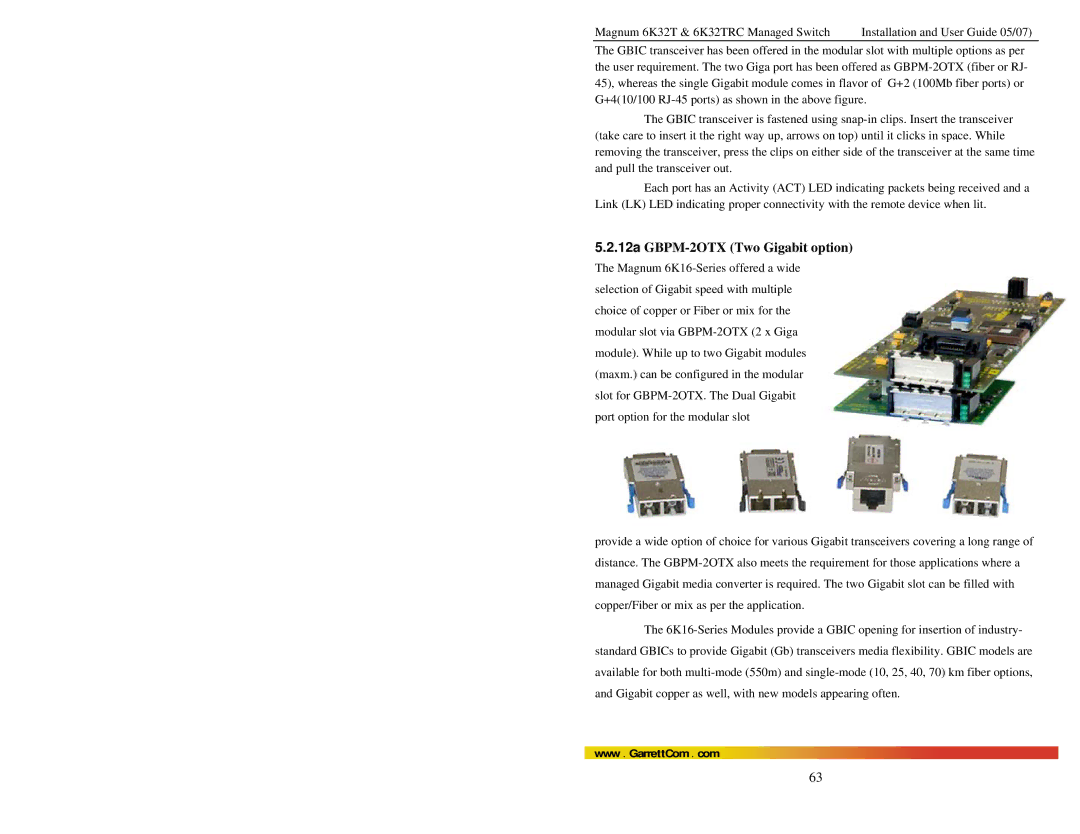 GarrettCom 6K32TRC user manual 12a GBPM-2OTX Two Gigabit option 