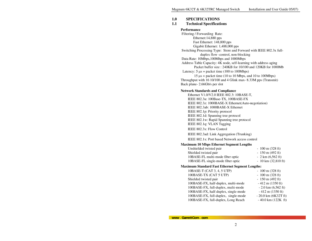 GarrettCom 6K32TRC user manual Technical Specifications, Performance, Network Standards and Compliance 