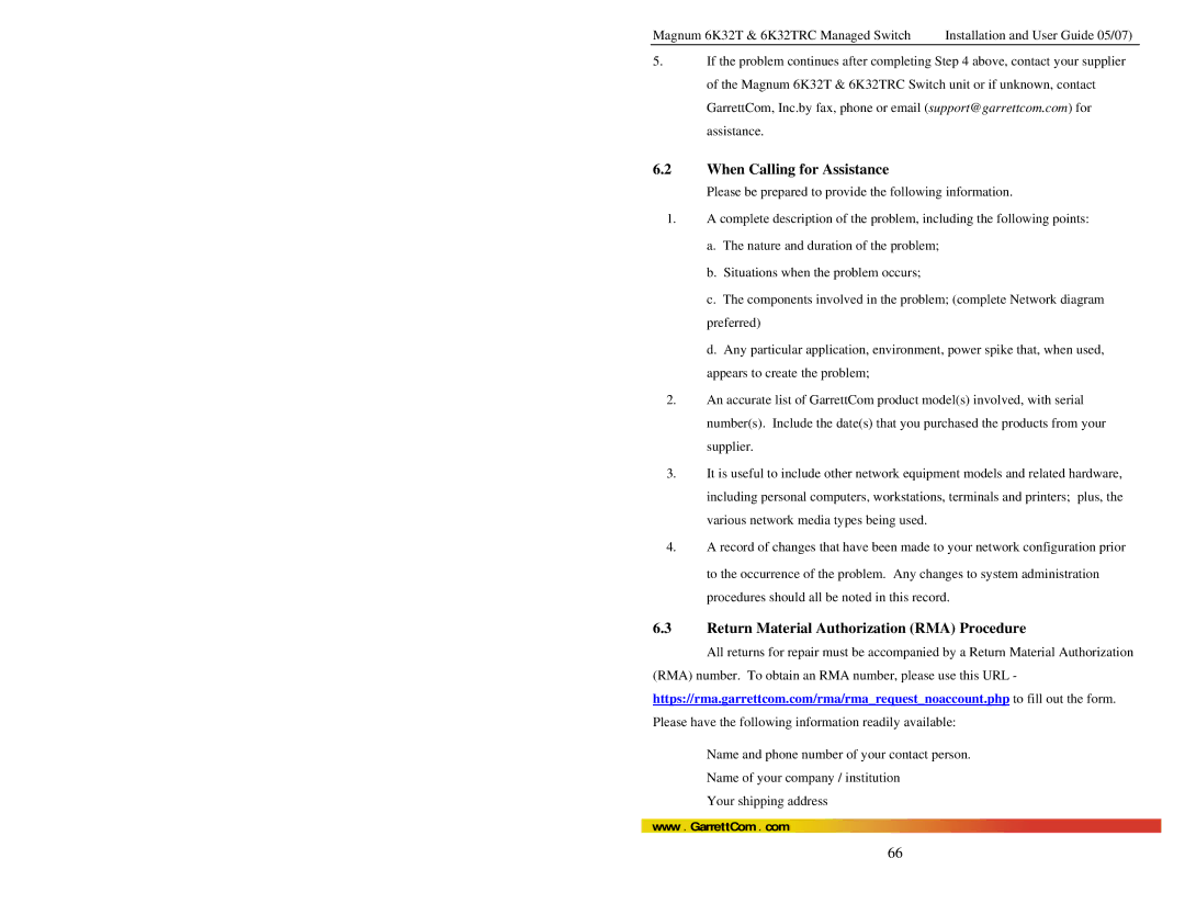 GarrettCom 6K32TRC user manual When Calling for Assistance, Return Material Authorization RMA Procedure 