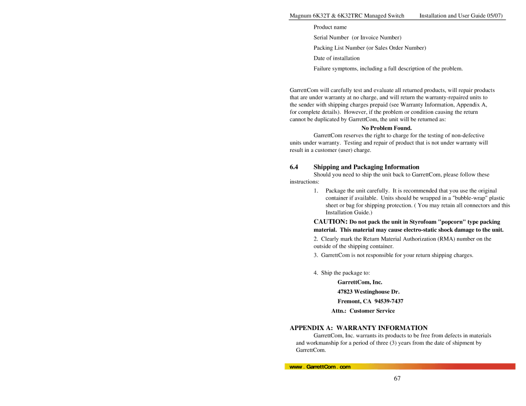 GarrettCom 6K32TRC user manual Shipping and Packaging Information, No Problem Found 