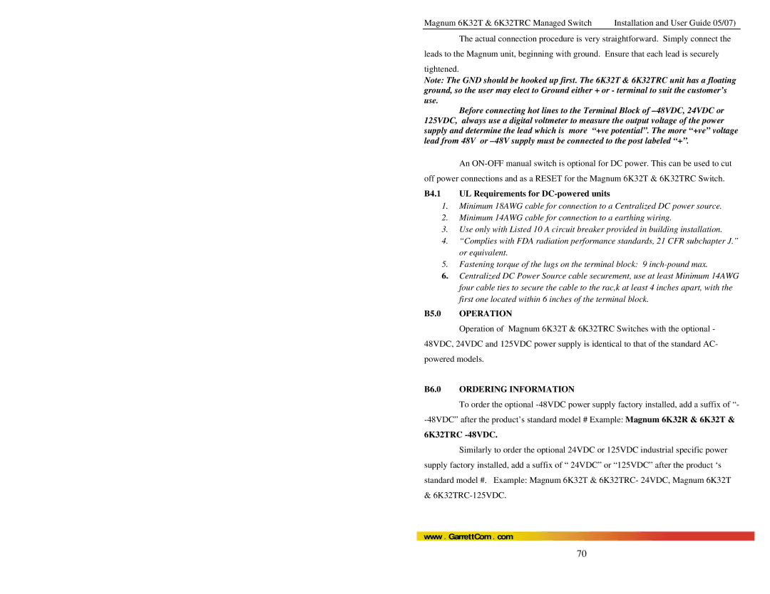 GarrettCom user manual B4.1 UL Requirements for DC-powered units, 6K32TRC -48VDC 