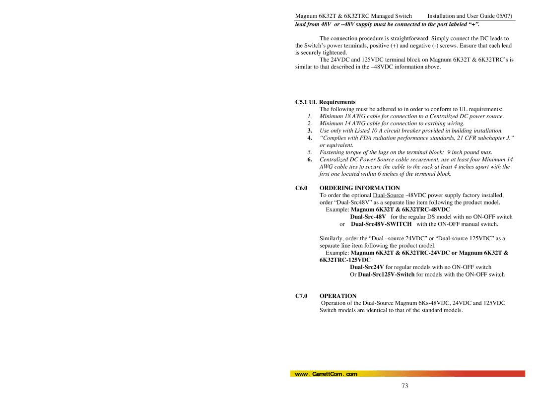 GarrettCom user manual C5.1 UL Requirements, Example Magnum 6K32T & 6K32TRC-48VDC 