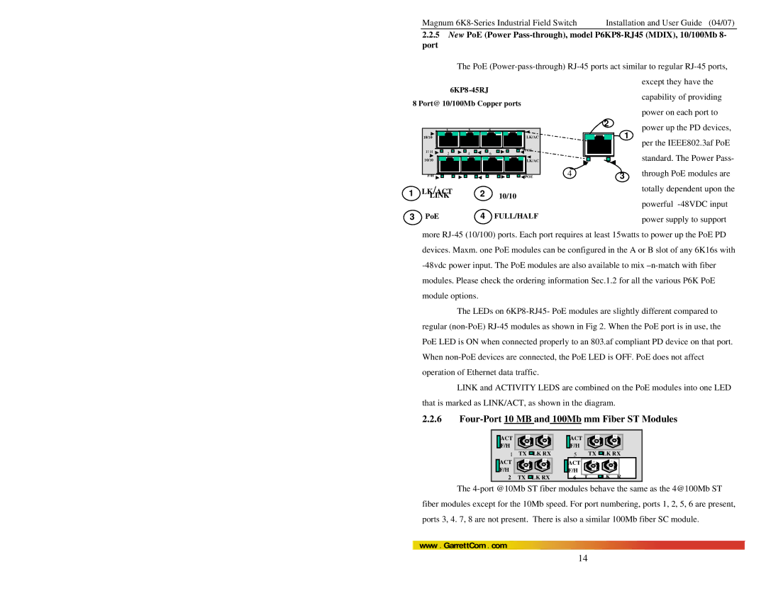 GarrettCom 6K8 manual Four-Port 10 MB and 100Mb mm Fiber ST Modules 