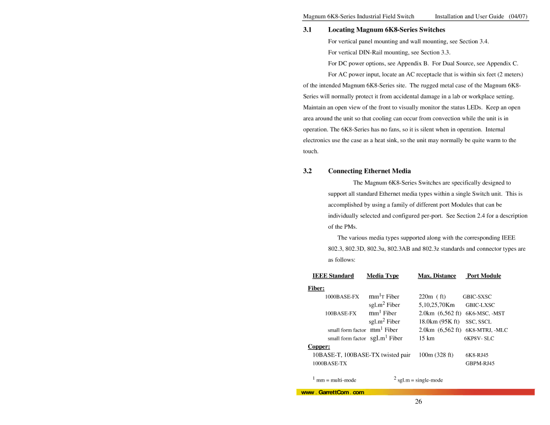 GarrettCom manual Locating Magnum 6K8-Series Switches, Connecting Ethernet Media, Copper 
