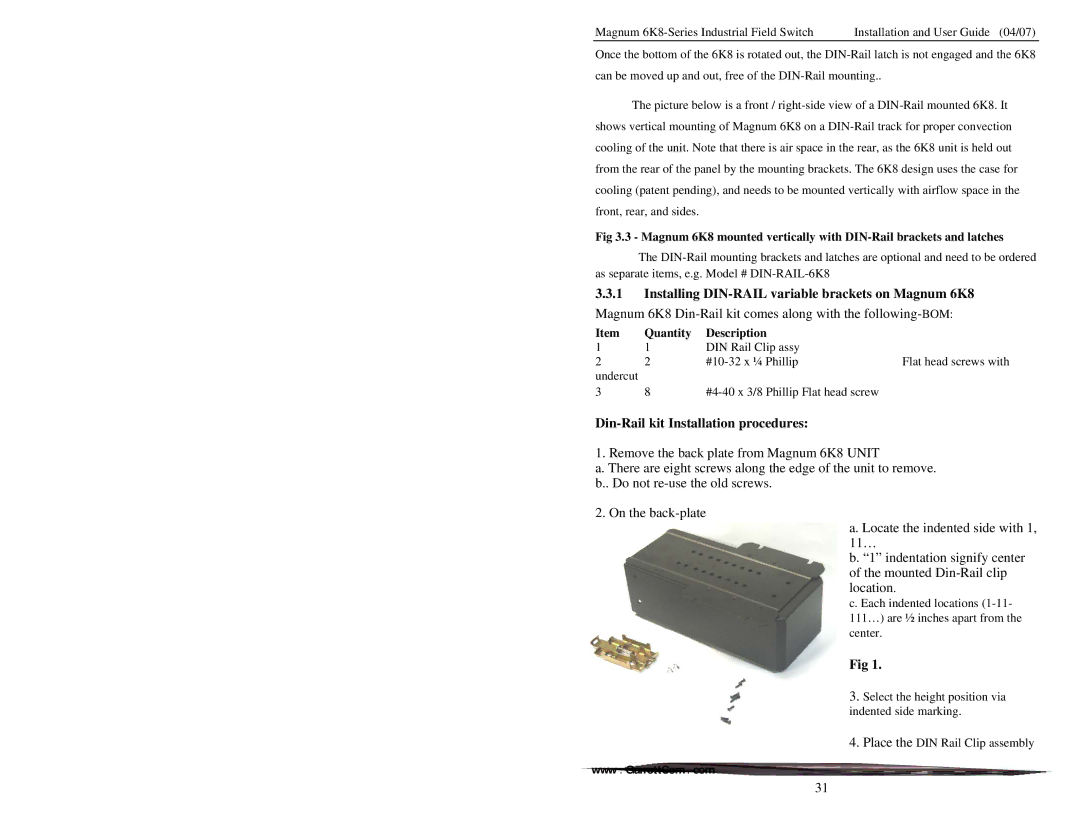 GarrettCom 6K8 manual Din-Rail kit Installation procedures, Quantity Description 