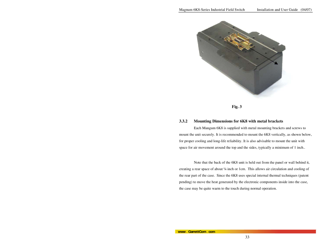 GarrettCom manual Mounting Dimensions for 6K8 with metal brackets 