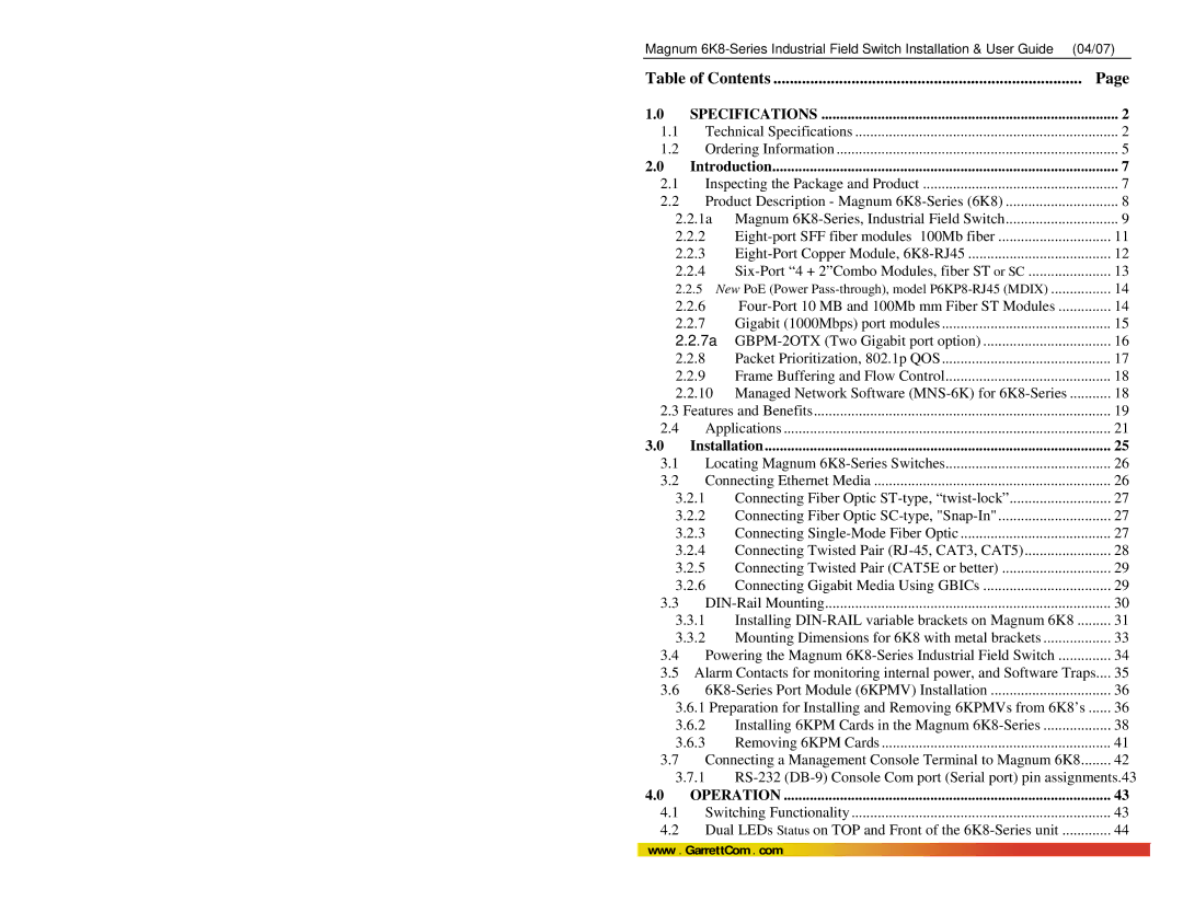 GarrettCom 6K8 manual Table of Contents, Introduction, Installation 