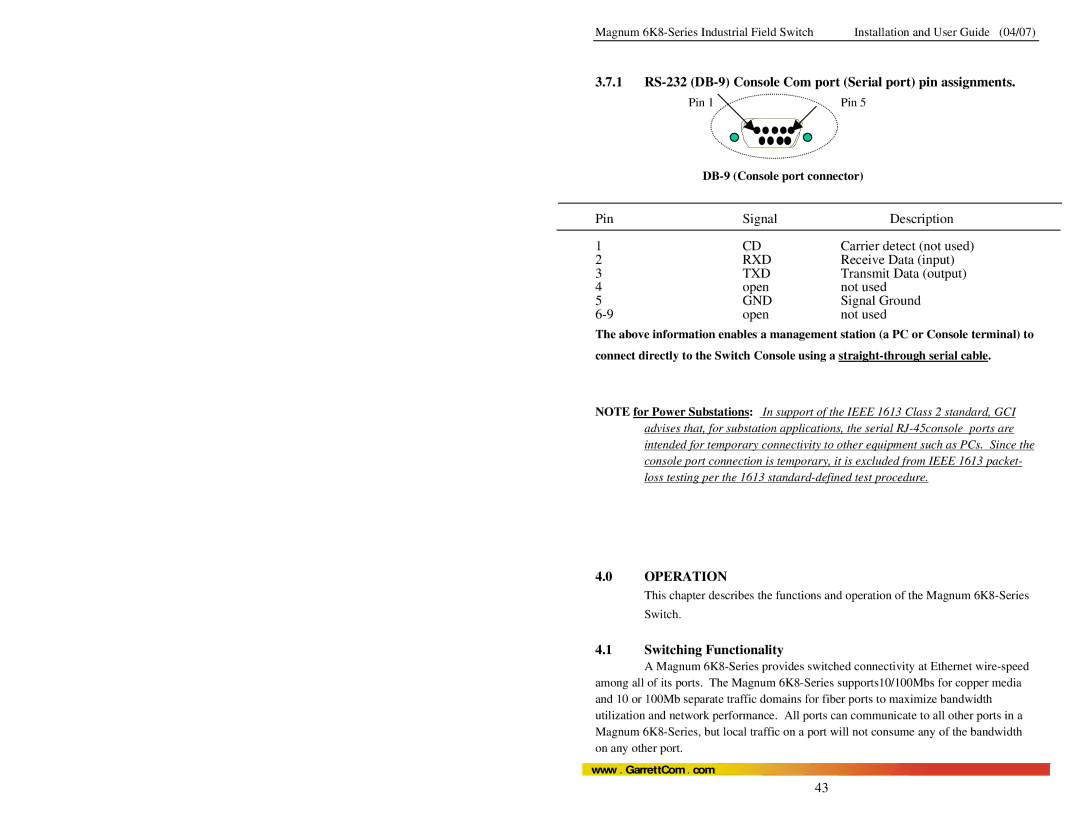 GarrettCom 6K8 manual 1 RS-232 DB-9 Console Com port Serial port pin assignments, Switching Functionality 