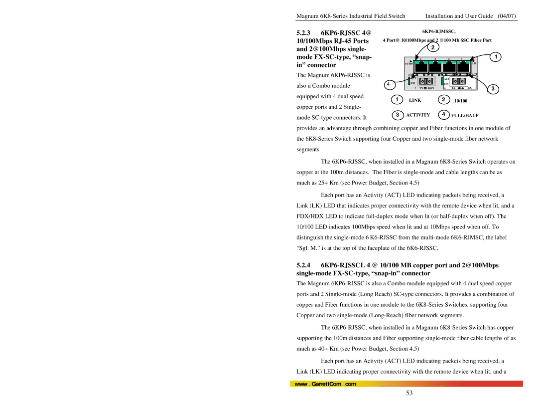 GarrettCom 6K8 manual 6KP6-RJSSC 4@, 10/100Mbps RJ-45 Ports, 2@100Mbps single Mode FX-SC-type, snap Connector 