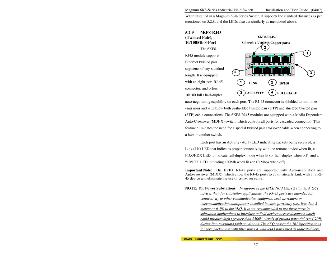 GarrettCom 6K8 manual 9 6KP8-RJ45 Twisted Pair, 10/100Mb 8-Port 