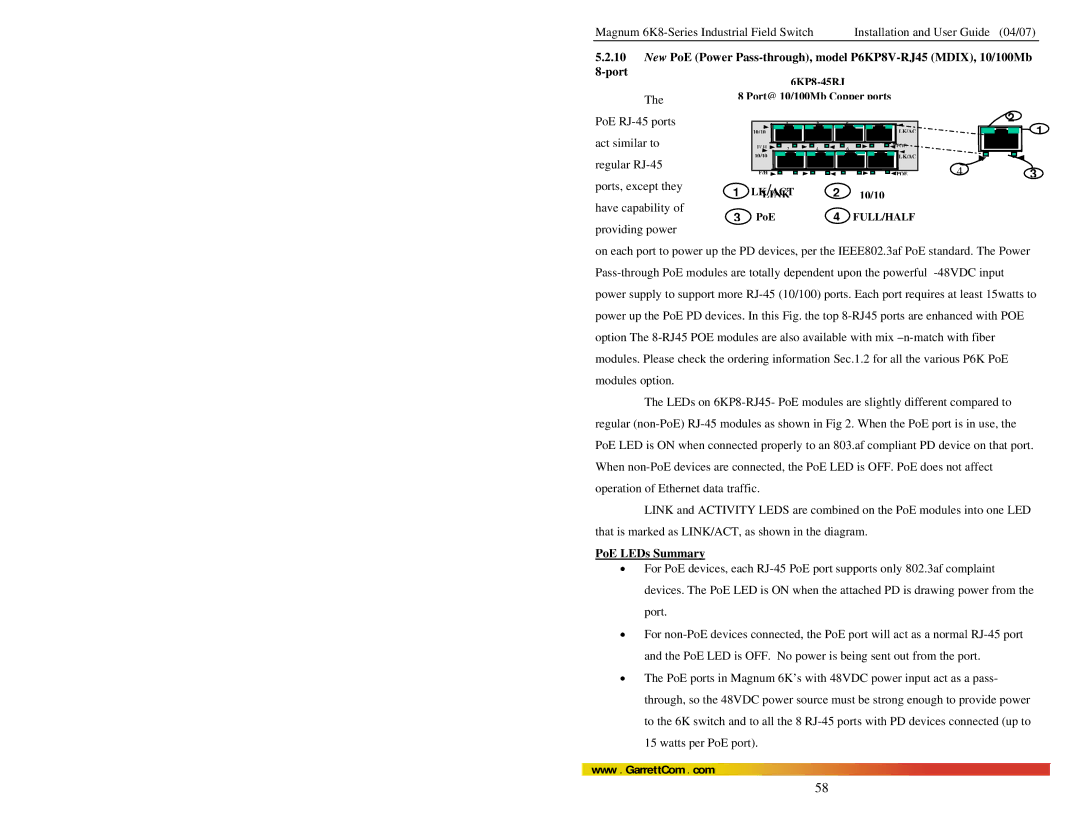 GarrettCom 6K8 manual PoE LEDs Summary 