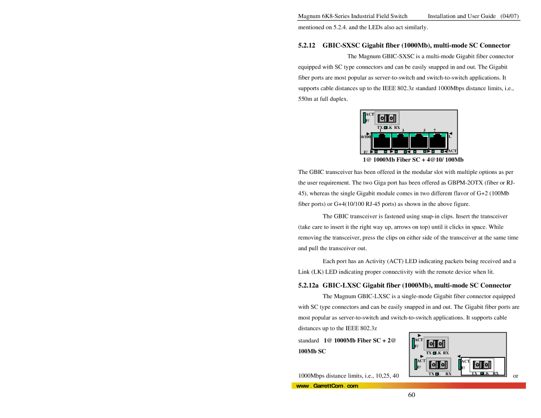 GarrettCom 6K8 manual GBIC-SXSC Gigabit fiber 1000Mb, multi-mode SC Connector, Standard 1@ 1000Mb Fiber SC + 2@, 100Mb SC 