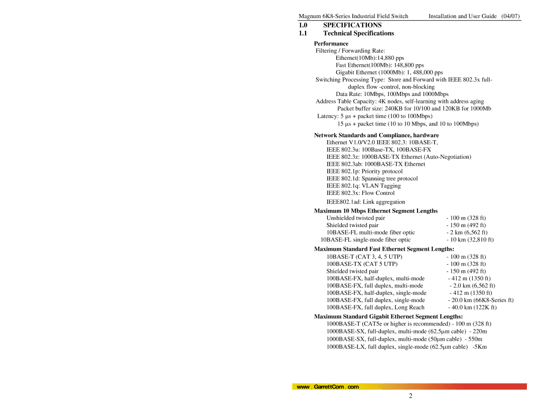 GarrettCom 6K8 manual Technical Specifications, Performance, Network Standards and Compliance, hardware 