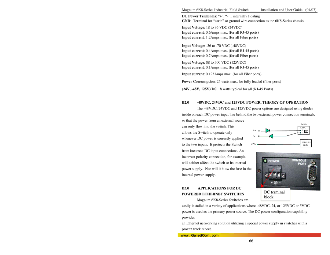 GarrettCom 6K8 manual B2.0 -48VDC, 24VDC and 125VDC POWER, Theory of Operation 