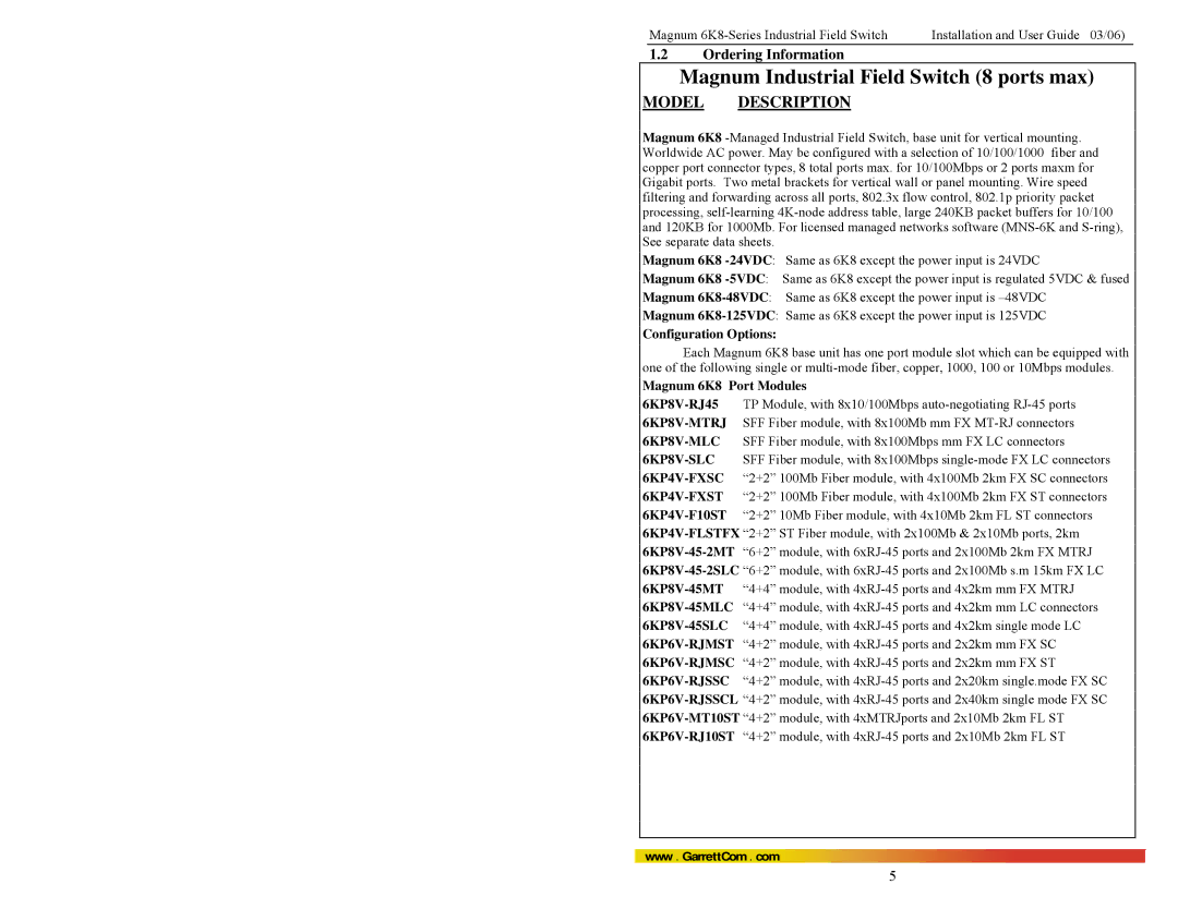 GarrettCom manual Ordering Information, Configuration Options, Magnum 6K8 Port Modules 