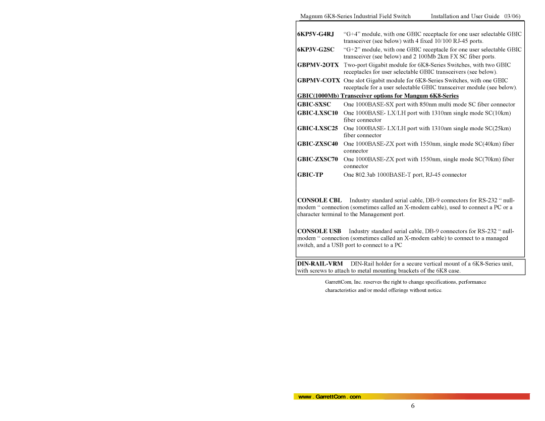 GarrettCom manual GBIC1000Mb Transceiver options for Mangum 6K8-Series 