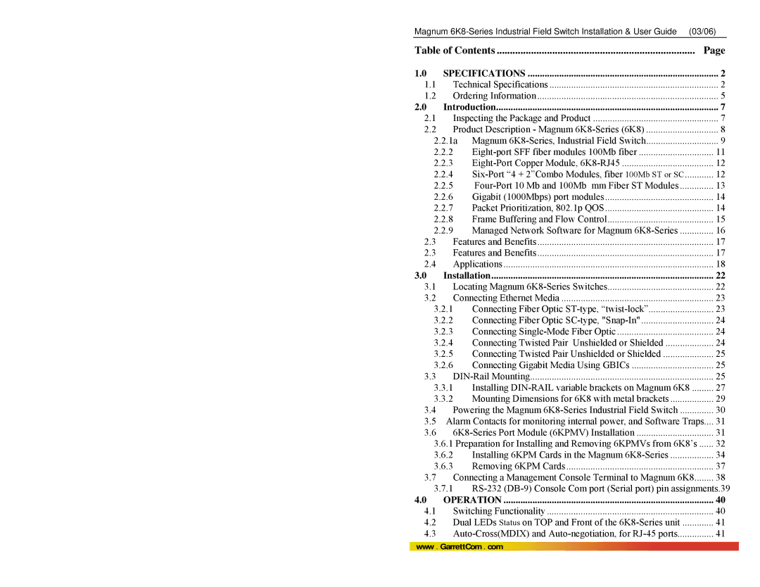 GarrettCom 6K8 manual Table of Contents, Introduction, Installation 