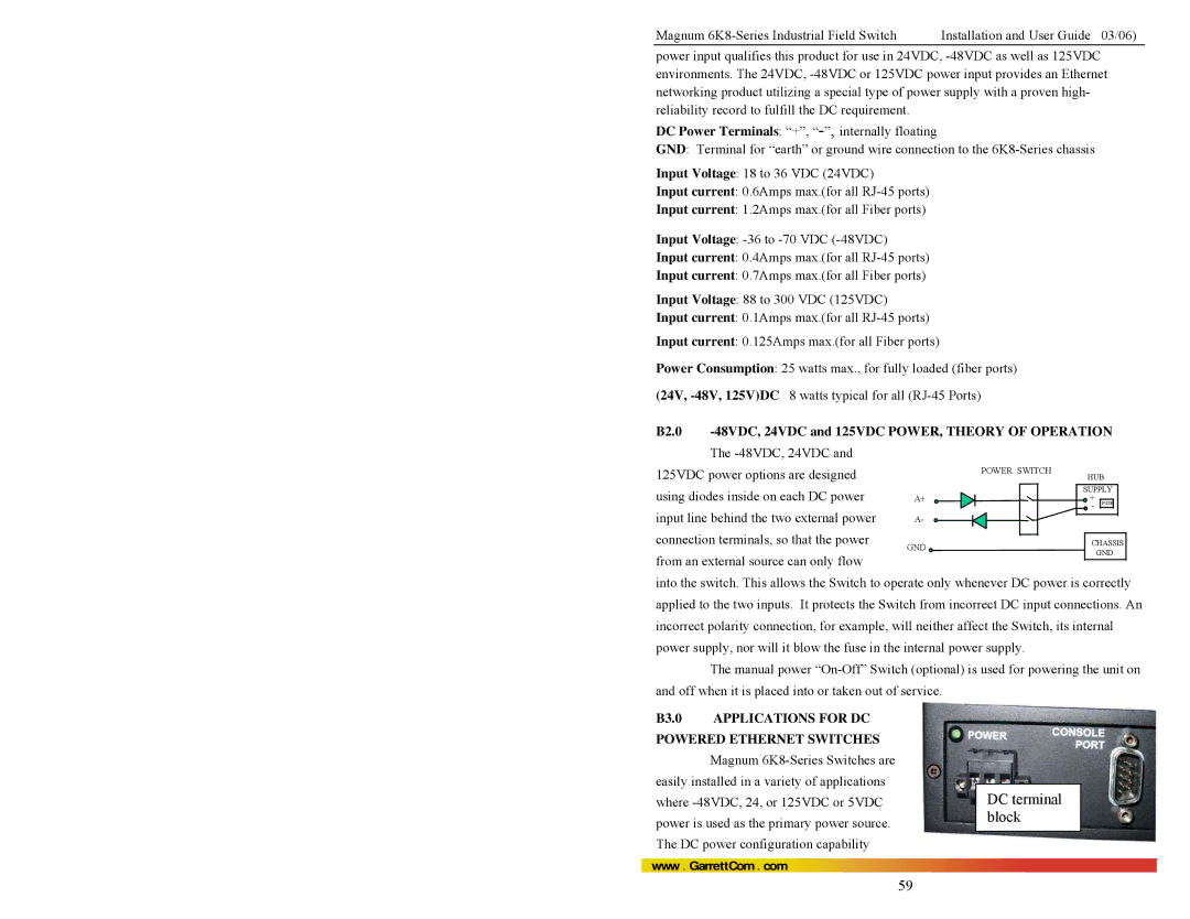 GarrettCom 6K8 manual B2.0 -48VDC, 24VDC and 125VDC POWER, Theory of Operation, B3.0 