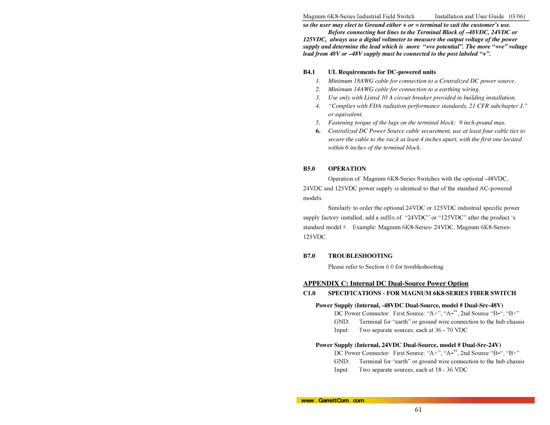 GarrettCom 6K8 manual B4.1 UL Requirements for DC-powered units, B5.0 Operation 