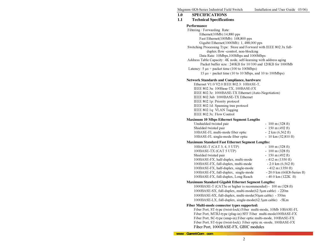 GarrettCom 6K8 manual Technical Specifications, Performance, Network Standards and Compliance, hardware 