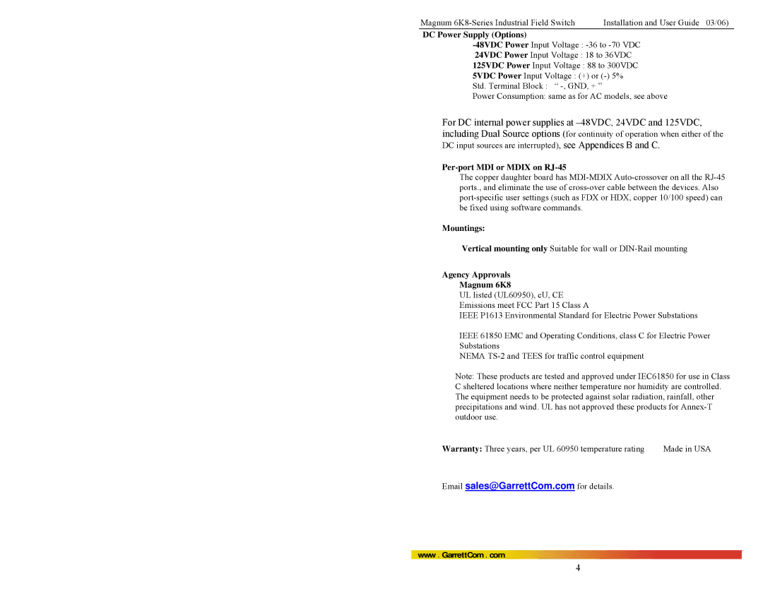 GarrettCom manual DC Power Supply Options, Per-port MDI or Mdix on RJ-45, Mountings, Agency Approvals Magnum 6K8 