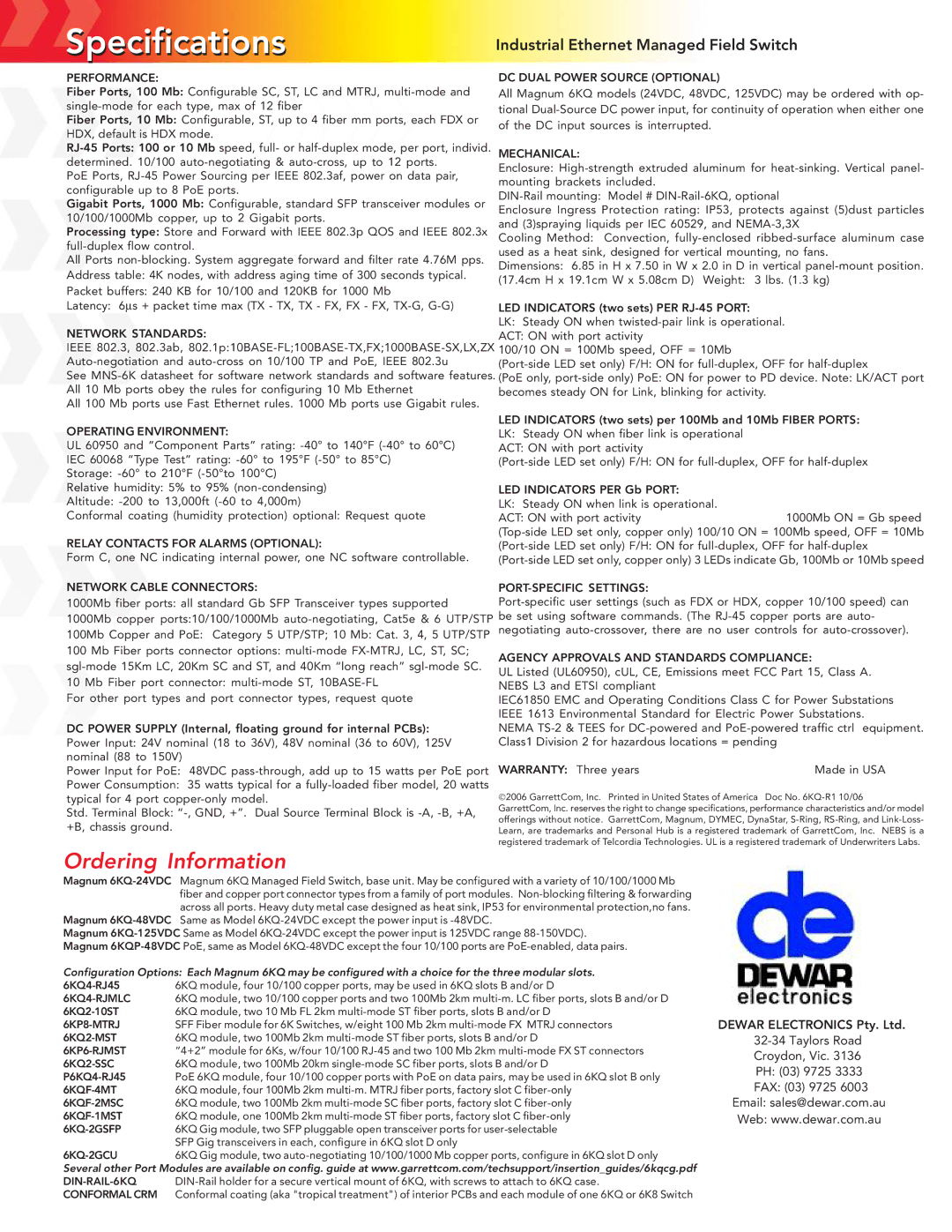 GarrettCom 6KQ manual Ordering Information 