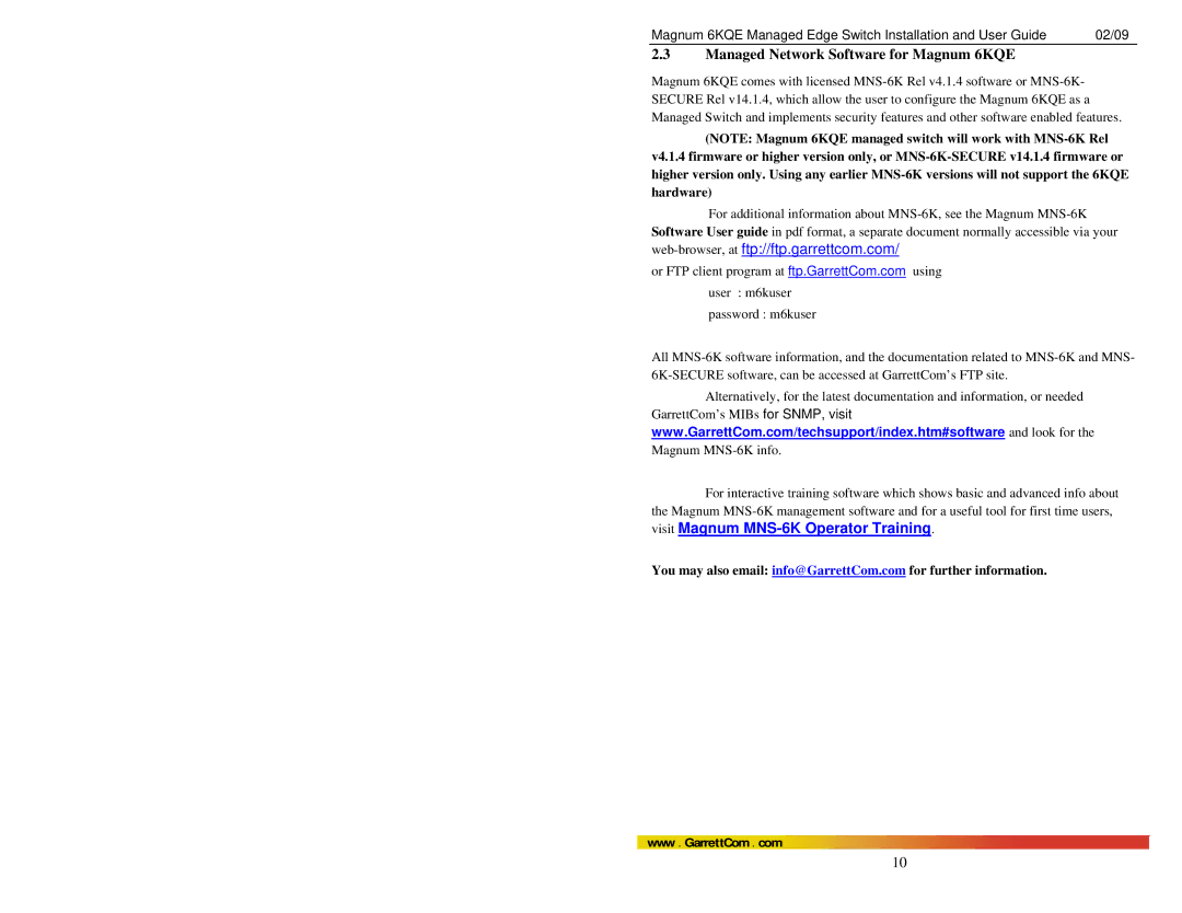 GarrettCom manual Managed Network Software for Magnum 6KQE, Web-browser, at ftp//ftp.garrettcom.com 