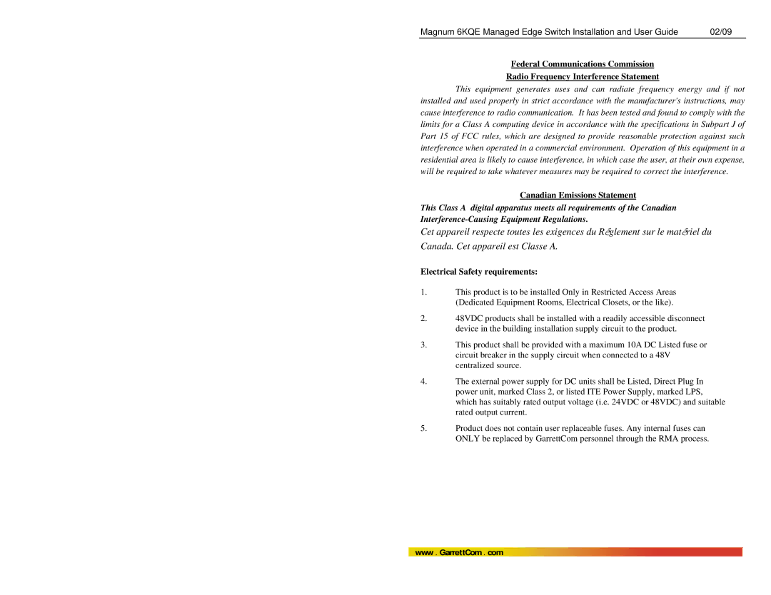 GarrettCom 6KQE manual Canadian Emissions Statement, Electrical Safety requirements 