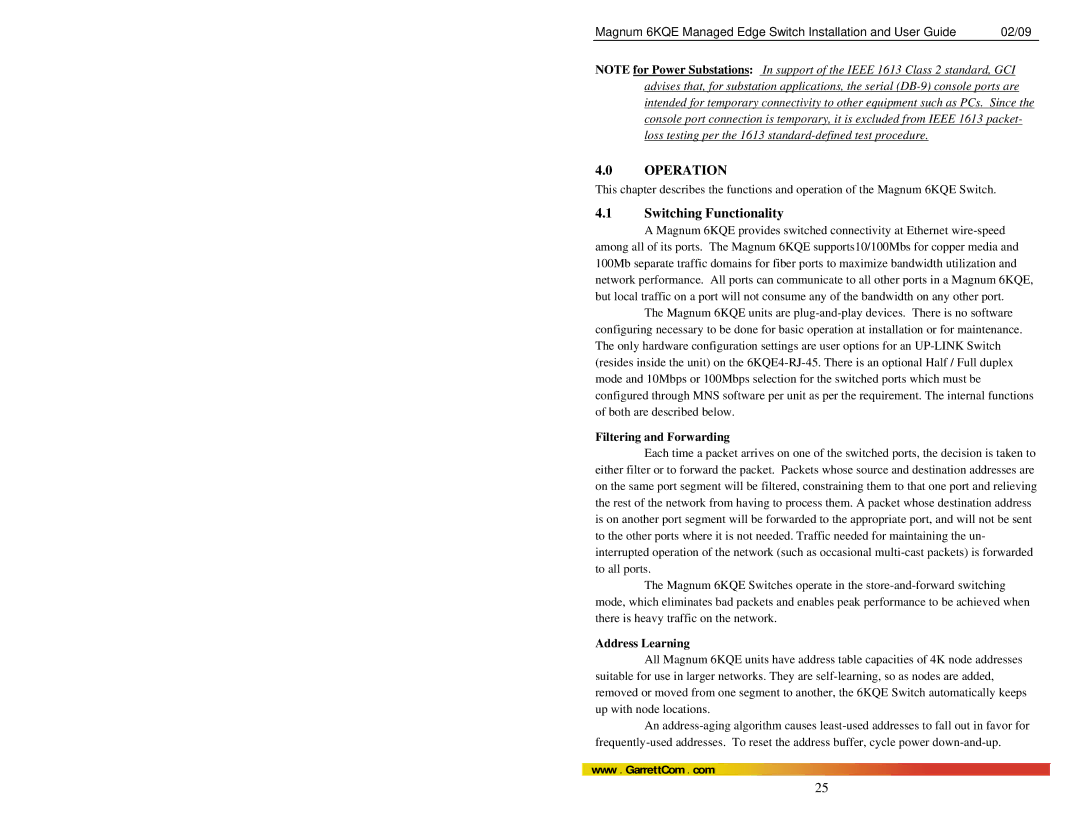 GarrettCom 6KQE manual Switching Functionality, Filtering and Forwarding, Address Learning 
