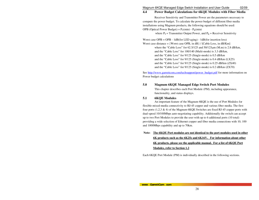 GarrettCom Power Budget Calculations for 6KQE Modules with Fiber Media, Magnum 6KQE Managed Edge Switch Port Modules 