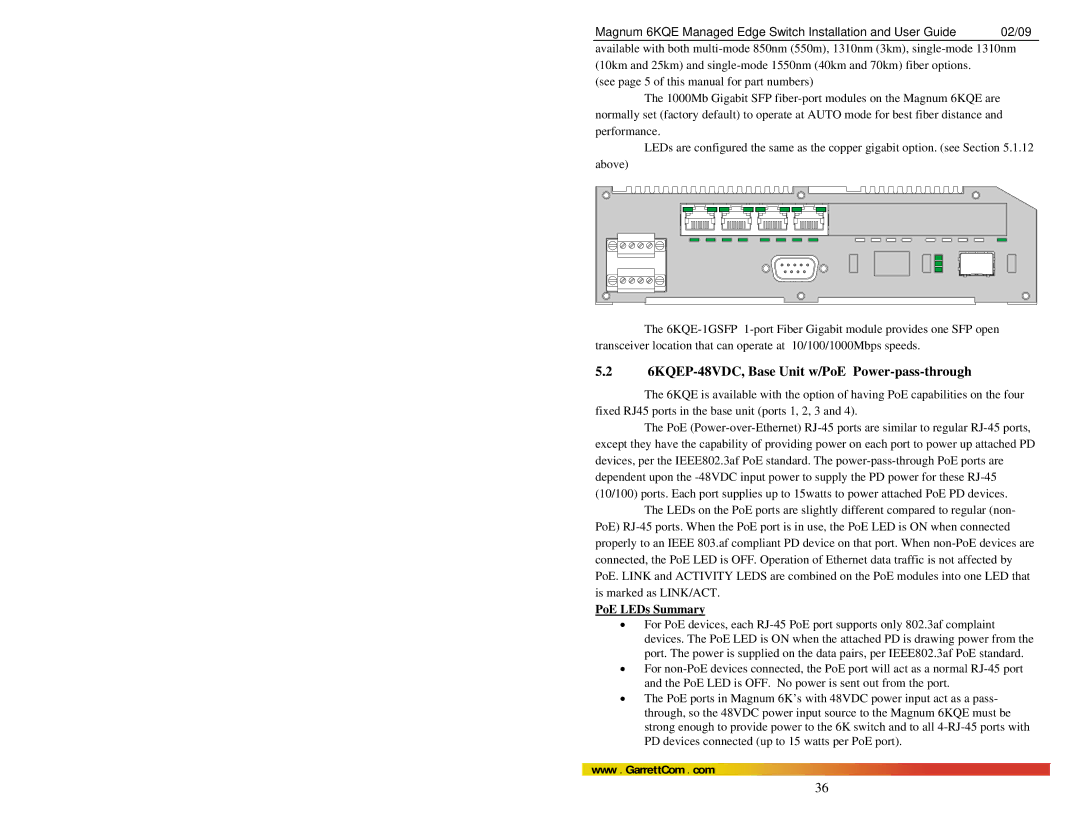 GarrettCom manual 6KQEP-48VDC, Base Unit w/PoE Power-pass-through, PoE LEDs Summary 