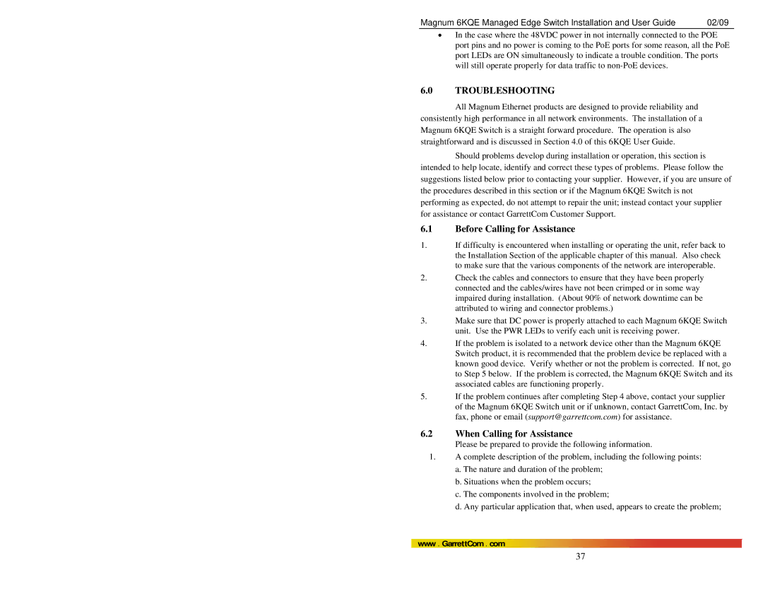 GarrettCom 6KQE manual Before Calling for Assistance, When Calling for Assistance 