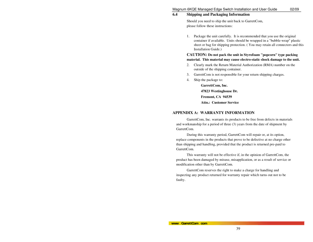 GarrettCom 6KQE manual Shipping and Packaging Information 