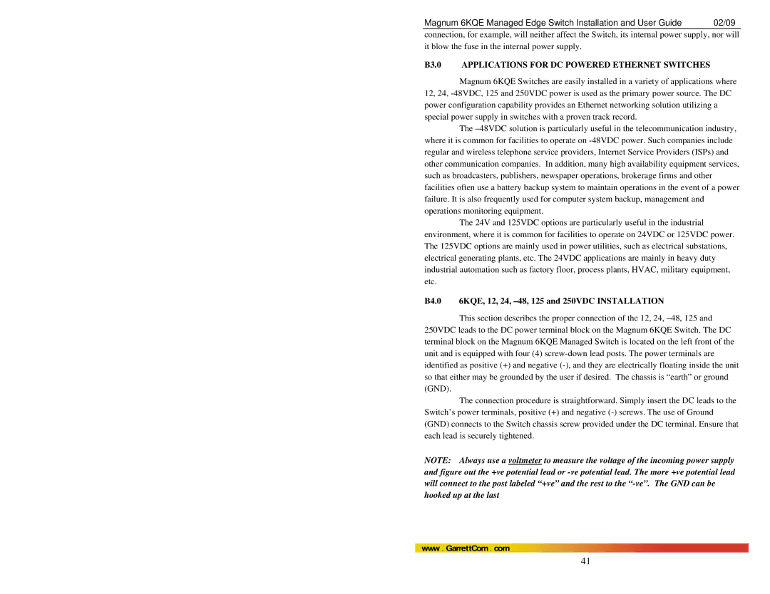 GarrettCom B3.0 Applications for DC Powered Ethernet Switches, B4.0 6KQE, 12, 24, -48, 125 and 250VDC Installation 