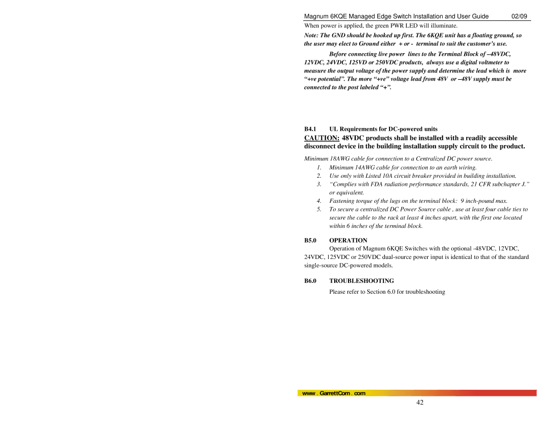 GarrettCom 6KQE manual B4.1 UL Requirements for DC-powered units, B5.0 Operation 