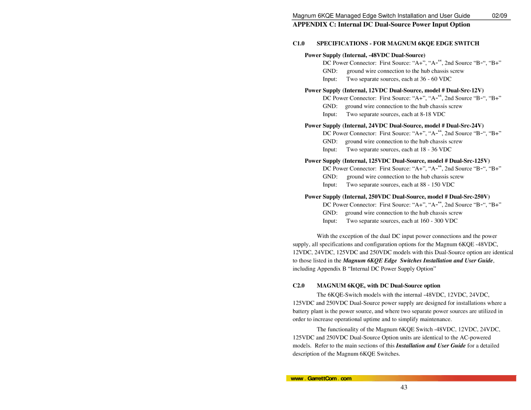 GarrettCom manual Appendix C Internal DC Dual-Source Power Input Option, C2.0 Magnum 6KQE, with DC Dual-Source option 
