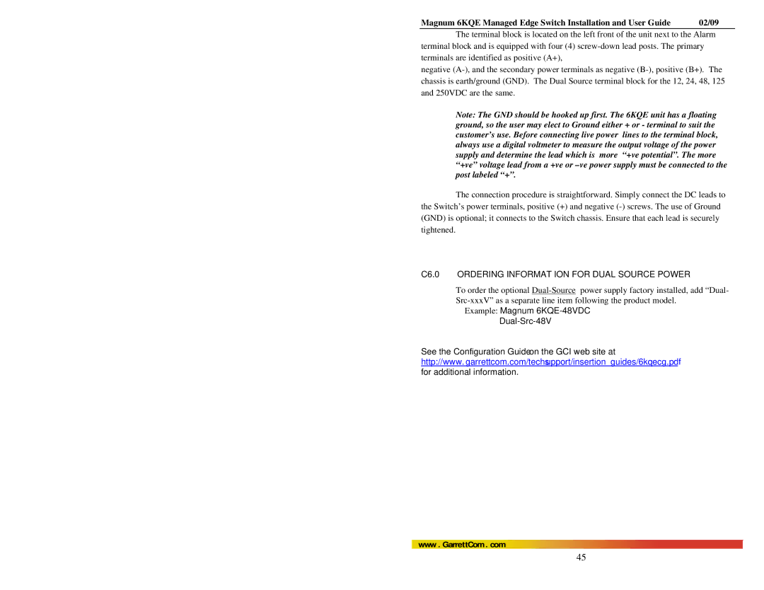 GarrettCom manual C6.0 Ordering Information for Dual Source Power, Example Magnum 6KQE-48VDC Dual-Src-48V 