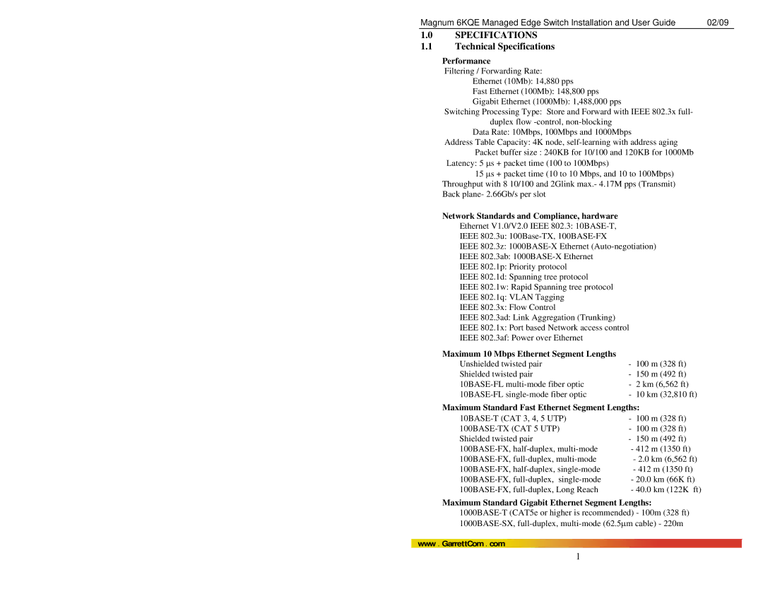 GarrettCom 6KQE manual Technical Specifications, Performance, Network Standards and Compliance, hardware 