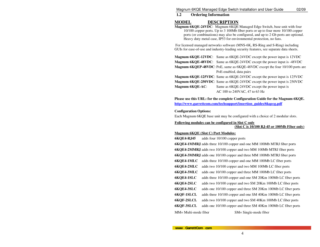 GarrettCom 6KQE manual Ordering Information, Configuration Options 