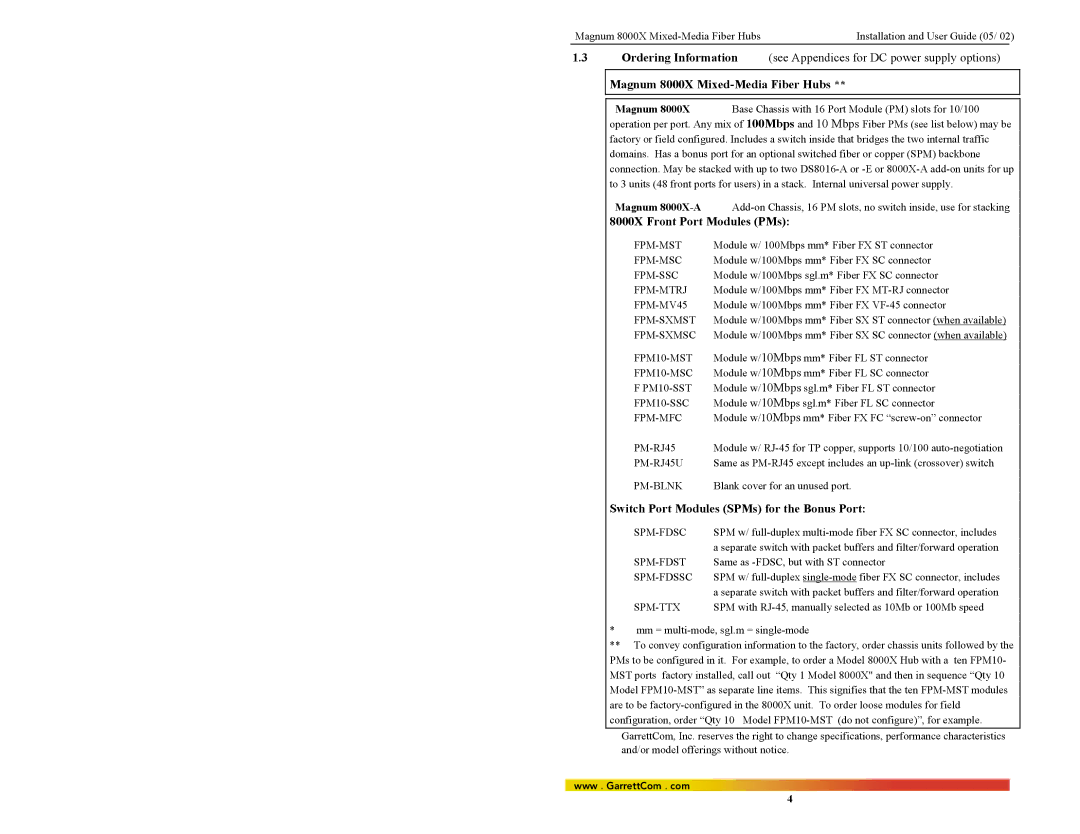 GarrettCom manual Magnum 8000X Mixed-Media Fiber Hubs, 8000X Front Port Modules PMs 