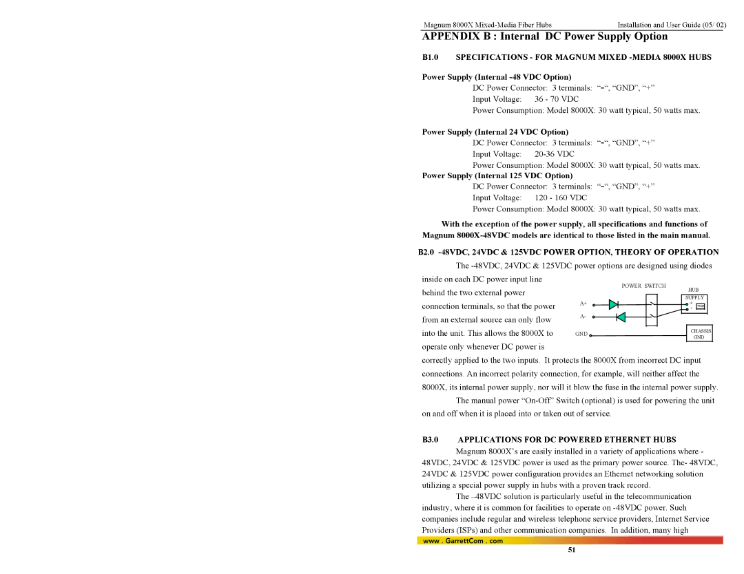 GarrettCom manual Specifications for Magnum Mixed -MEDIA 8000X Hubs, B3.0 Applications for DC Powered Ethernet Hubs 